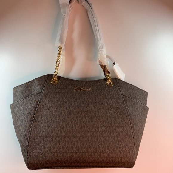 Michael Kors Jet Set Travel Logo Brown Large Shoulder Tote Gold Chain NWT - Picture 5 of 14